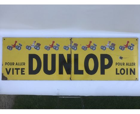 A French Dunlop rectangular enamel sign cut in half with seven cartoon characters rolling on tyres, circa 1950s, 57 1/2 x 18"