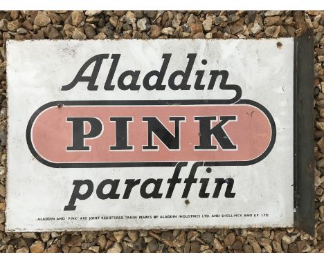 An Aladdin Pink Paraffin double sided enamel sign with hanging flange, 21 x 14". 