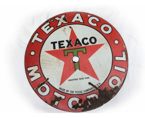 A Texaco Motor Oil circular double sided enamel sign.