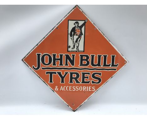 A John Bull Tyres and Accessories lozenge shaped double sided enamel sign, with good gloss, 28 1/4 x 28 1/4".