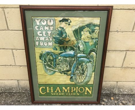 A rare Champion Spark Plugs pictorial poster titled 'You Can't Get Away From....' signed by Malcolm Fowler depicting a police