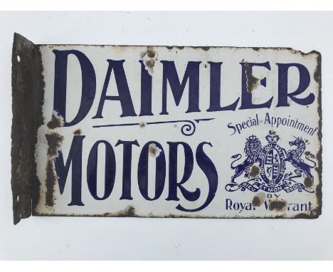 A rare and early Daimler Motors double sided enamel sign with hanging flange, with Royal warrant crest to the corner, 13 1/2 