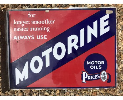 A Price's Motorine Motor Oils double sided enamel sign with hanging flange and good gloss to both sides, 35 x 18".