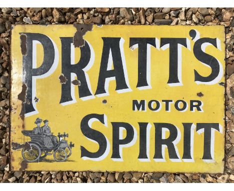 An early Pratt's Motor Spirit double sided enamel sign with image of a veteran car to the corner, lacking hanging flange, 21 