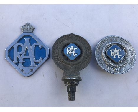 Two Royal Automobile Club Associate car badges with powder blue enamel centres and one other. 
