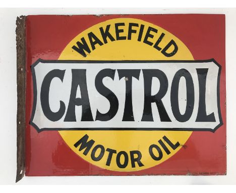 A Wakefield Castrol Motor Oil double sided enamel sign with hanging flange by Bruton of Palmers Green, with some professional