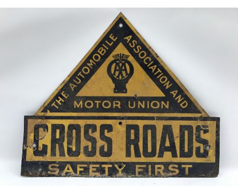 An AA and Motor Union Cross Roads enamel sign, 26 x 21 3/4".
