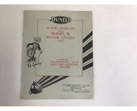 A Dunelt Super Charge 249cc model K motorcycle brochure for 1927.