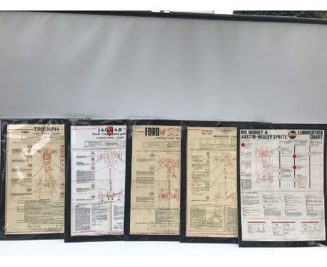 Five large scale lubrication charts in carded frames, to suit Jaguar Mk. X, Austin Healey, TR4, Ford V6 Zephyr/Zodiac etc. 