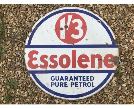 An Essolene Guaranteed Pure Petrol circular double sided enamel sign, 30" diameter.