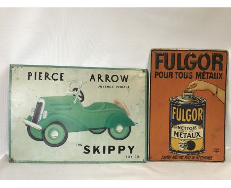 A decorative tin advertising sign for Pierce Arrow Juvenile Vehicle - The Skippy, 16 x 11 1/2" and one other.