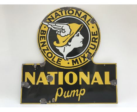 A National Benzole Mixture 'National Pump' shaped enamel sign, 27 x 28".