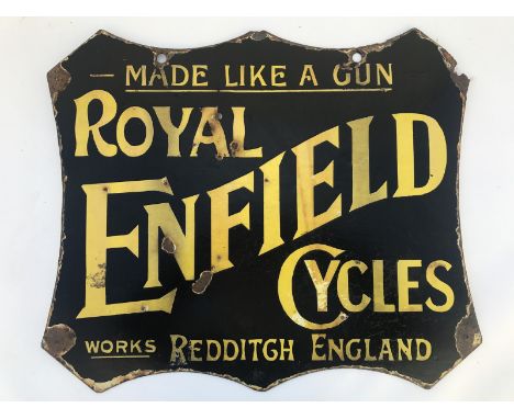 A rare and early Royal Enfield Cycles shaped double sided enamel sign, 21 x 18".