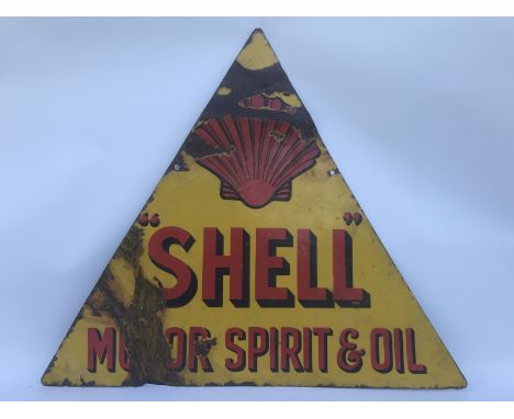 A Shell Motor Spirit and Oils triangular double sided enamel sign by Bruton of Palmers Green, 29 1/4 x 25 1/2".