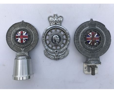 Two Royal Automobile Club Associate car badges with enamel centres and one other. 