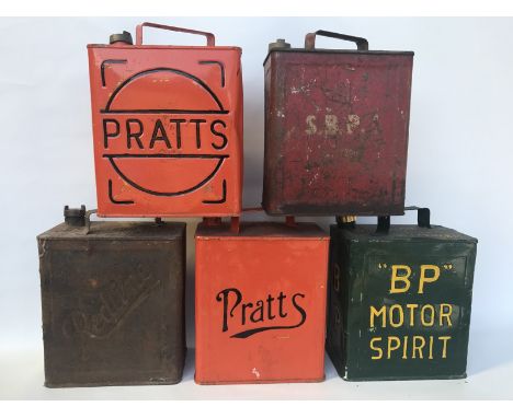 Five two-gallon petrol cans including Redline, Pratts and BP.