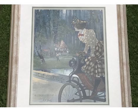 An unusual original advertising print for the Automobile magazine by E.N. Blue depicting an Art Nouveau lady on a 1904 Automo