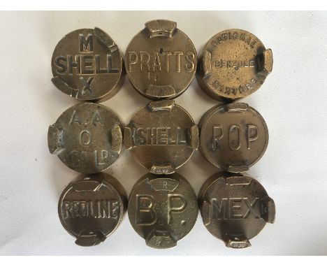 Nine two gallon petrol can caps including ROP, Redline and Mex.