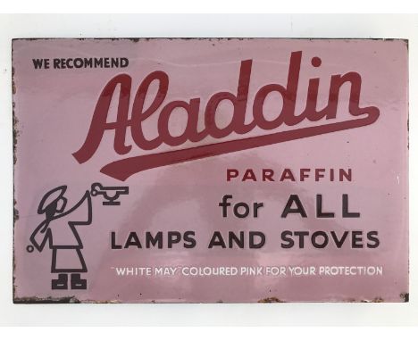 An Aladdin Paraffin for all Lamps and Stoves double sided enamel sign with hanging flange, 18 x 12".