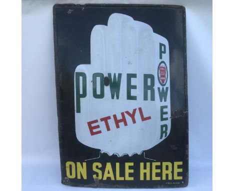 A Power Ethyl 'On Sale Here' enamel sign showing the rare hand shaped pump globe, by Stocal of Burton, 30 x 42".