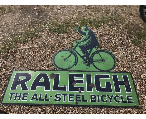A Raleigh 'The all-steel bicycle' rectangular two piece enamel sign by Lang, depicting a cyclist, 84 x 24" (rectangular sign 