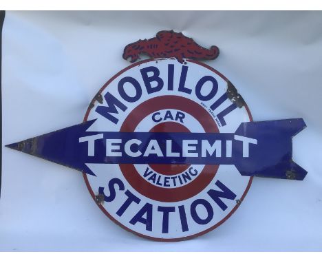 A Mobiloil Tecalamit Car Valeting Station directional enamel sign surmounted by a gargoyle in enamel, 60 x 39".