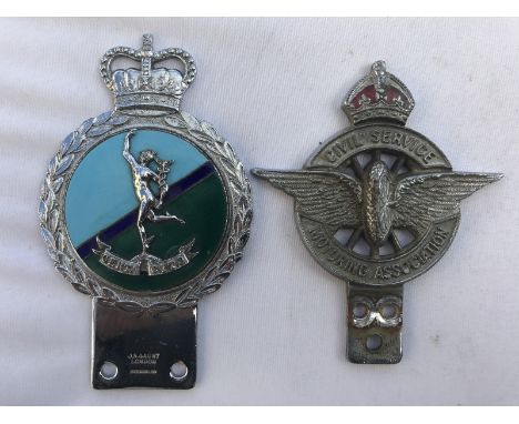 An enamel car badge by J.R. Gaunt of London, the badge centre with a figure of Mercury, also a Civil Service Motoring Associa