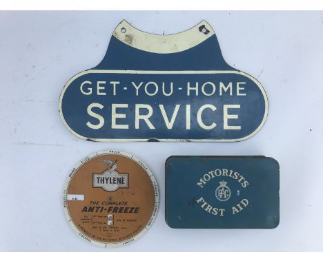 An RAC Get-You-Home Service double sided enamel attachment, a Thylene Anti-Freeze double sided disc showing the grades and qu