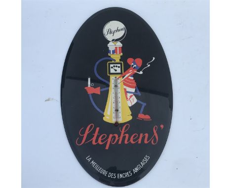A Stephens' Ink celluloid thermometer with unusual design depicting a petrol dispenser with twin glass cylinders, 9 x 15".