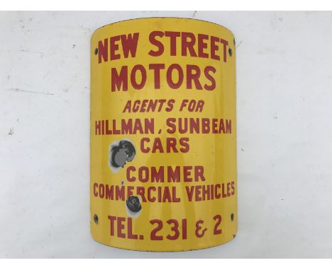 A New Street Motors, Agents for Hillman and Sunbeam Cars, Commercial Vehicles curved enamel sign, 8 3/4 x 12".