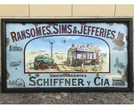 A Ransomes, Sims and Jefferies Limited pictorial enamel sign depicting a steam engine and a threshing machine, with six furth