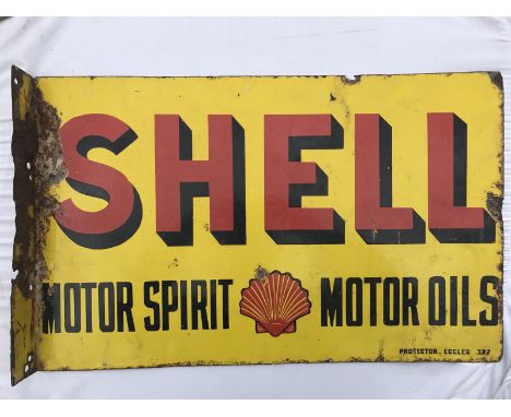A Shell Motor Spirit/Motor Oils double sided enamel sign with hanging flange by Protector of Eccles, dated March 1922, 24 x 1