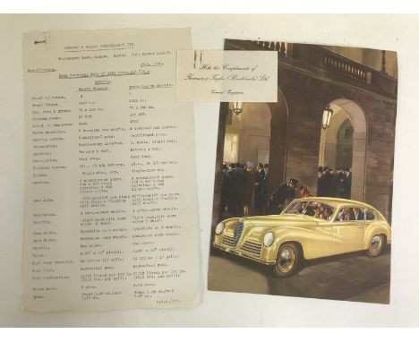 An Alfa-Romeo 2500 leaflet, specification sheet and compliment slip.