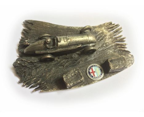 A bronzed sculpture by K. Mason, depicting an Alfa Romeo, 158/158.