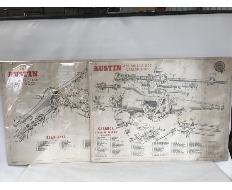 A pair of large scale Austin A55 Mk. II, an A60 Cambridge BMC Service Chart depicting components of the gearbox and the rear 