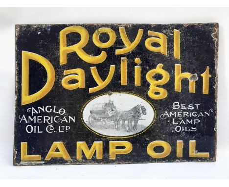 A Royal Daylight Lamp Oil double sided enamel sign, lacking hanging flange, with central black and white scene of a horsedraw