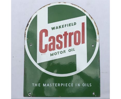 A Wakefield Castrol Motor Oil dome topped enamel bottle crate end, 11 1/2 x 14 3/4".