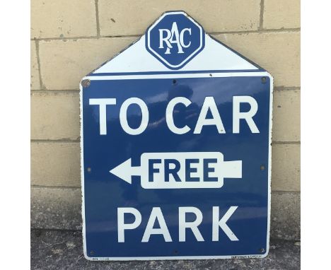 An RAC 'To Free Car Park' directional enamel sign with excellent gloss by Burnham of London, 21 x 27 3/4".