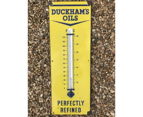 A Duckham's Oils 'Perfectly Refined' rectangular enamel thermometer, with partial broken tube, 13 x 36".
