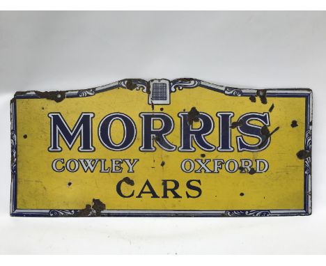A rare and early Morris Cowley of Oxford Cars double sided yellow and blue enamel sign, 36 x 16 1/2".