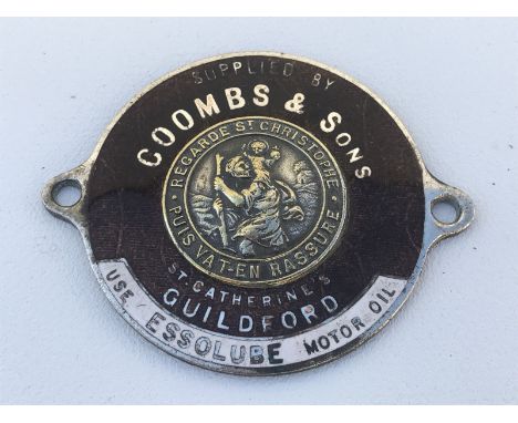 An enamel supply plate for Coombs & Sons, St. Catherine's, Guildford 'Use Essolube Motor Oil'.