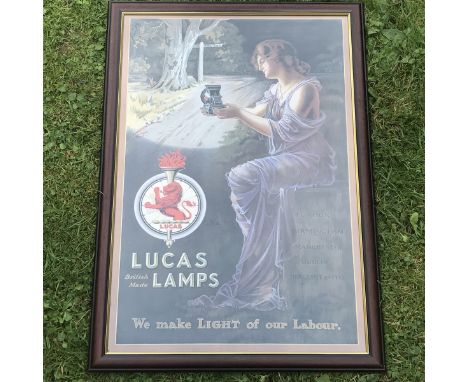 A framed and glazed reproduction Lucas advertisement 'We make light of our labour', 17 3/4 x 25".