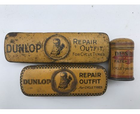 Two early Dunlop repair outfits with central figure of F.B. Dunlop; also a small Dunlop self adhesive patch strip tin for cyc