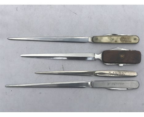 Four letter openers with assorted advertising including M. Adler of Coventry, The World's Largest Cycle and Motor Manufacture