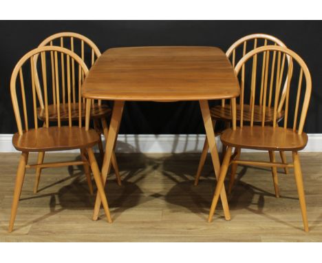 An Ercol elm and beech 'Windsor' drop-leaf dining table, 71.5cm high, 65cm opening to 137cm long, 75cm wide; a set of four Er