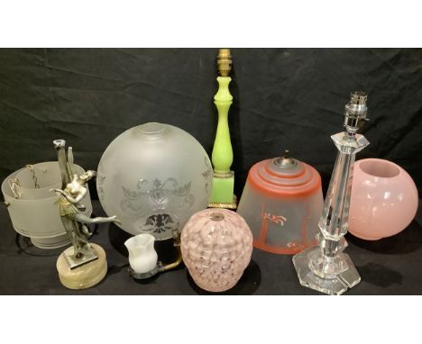 An Art Deco frosted glass light shade; others similar; an Art Deco figural lamp base; others; qty 