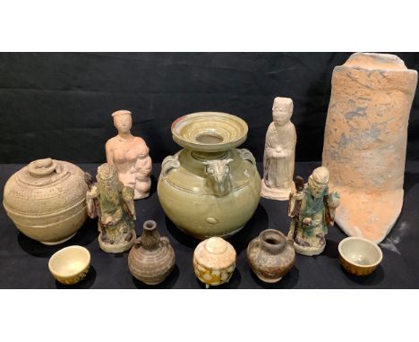 A Chinese Tomb guardian, sancai glaze, 12cm high;   others; a ridge tile; etc 