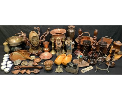 Boxes and Objects - a pair of Austrian painted terracotta figures; a pair of brass ejector candlesticks; barley twist candles