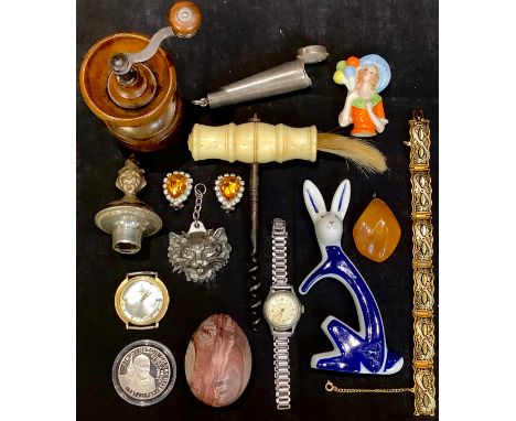 Boxes and Objects - a 19th century corkscrew, turned bone handle; a turned treen pepper grinder; an Edwardian silver cheroot 