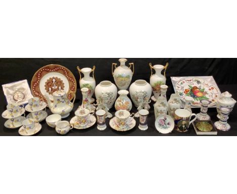 A Royal Worcester Duke of Gloucester Service reproduction plate; a pair of Spode Chelsea Bird pattern candlesticks; a Spode j